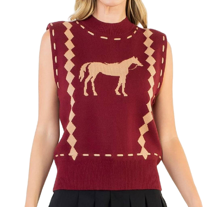 Horse Knit Vest - Burgundy
