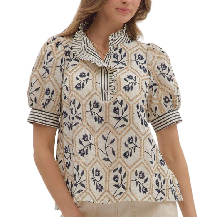 Floral Embroidered Top - Navy/Cream