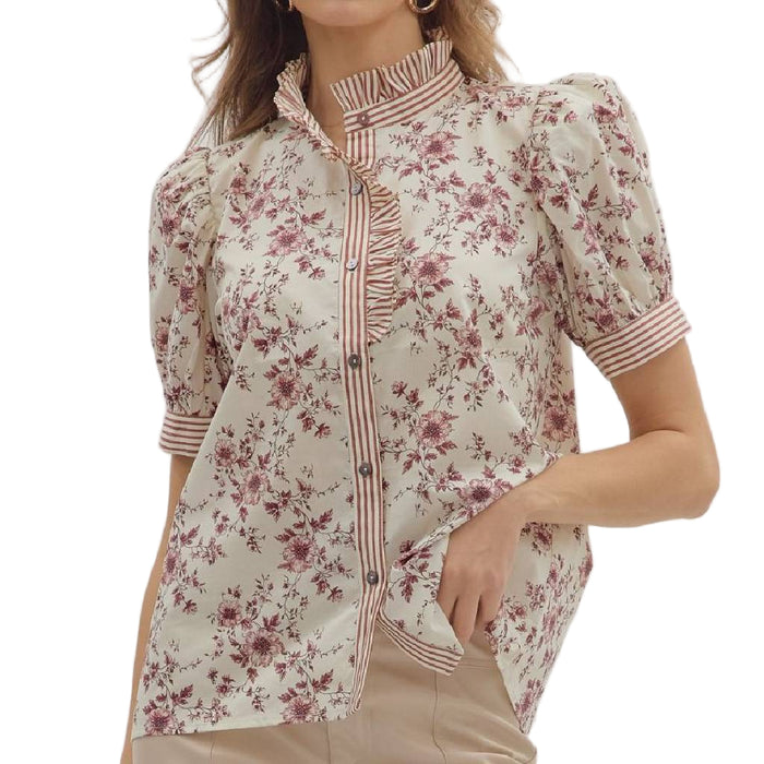 Floral Ruffle Neck Top - Rust/Cream WOMEN - Clothing - Tops - Short Sleeved Entro