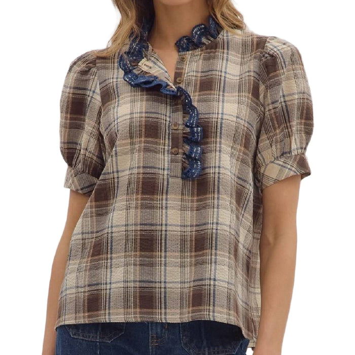 Plaid Ruffle Trim Top - Mocha/Blue