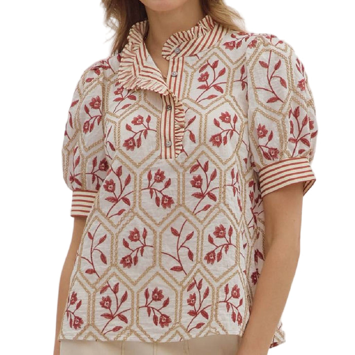 Floral Embroidered Top - Brick/Cream