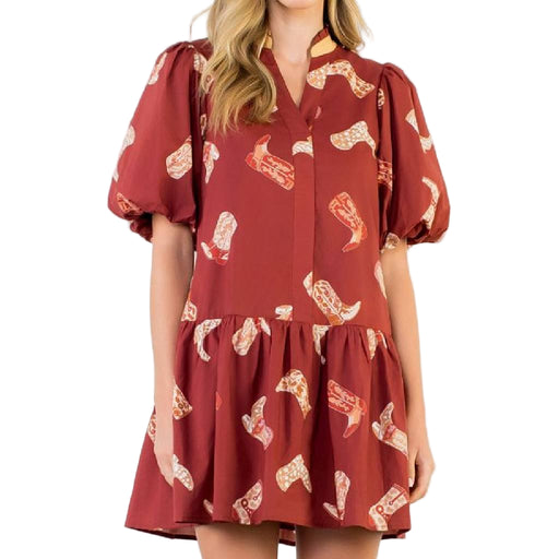 Puff Sleeve Boot Print Dress WOMEN - Clothing - Dresses THML Clothing