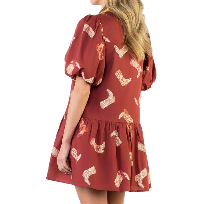Puff Sleeve Boot Print Dress WOMEN - Clothing - Dresses THML Clothing