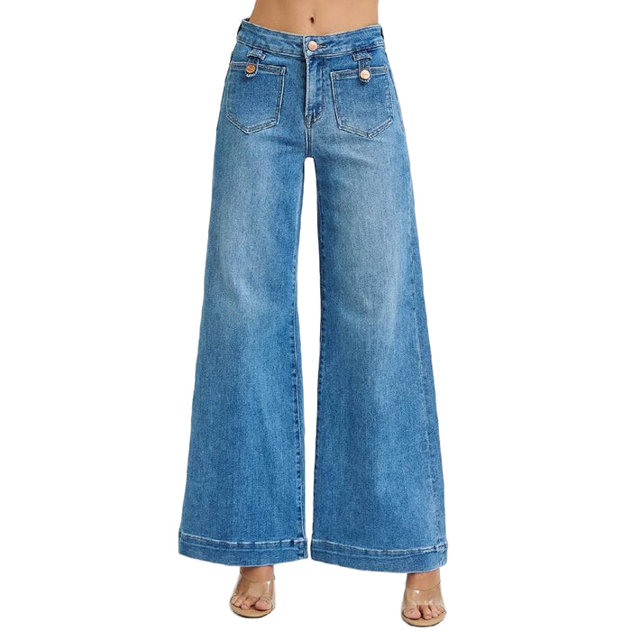 Risen Mid Rise Wide Leg Front Patch Pocket Jean