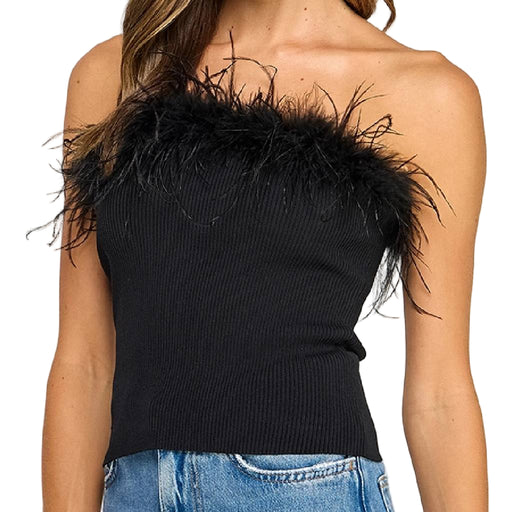 Feather Trip Ribbed Black Bandeau WOMEN - Clothing - Tops - Sleeveless Miss Love