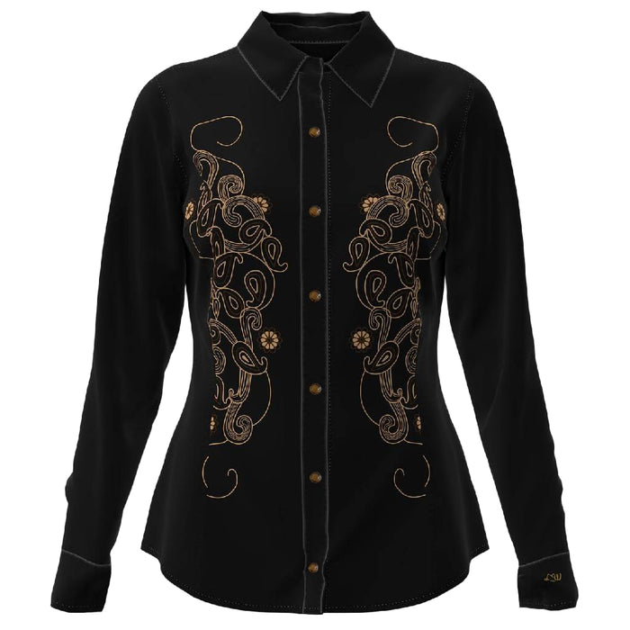 Wrangler Women's Lainey Wilson Black Satin Embroidered Top WOMEN - Clothing - Tops - Long Sleeved Wrangler