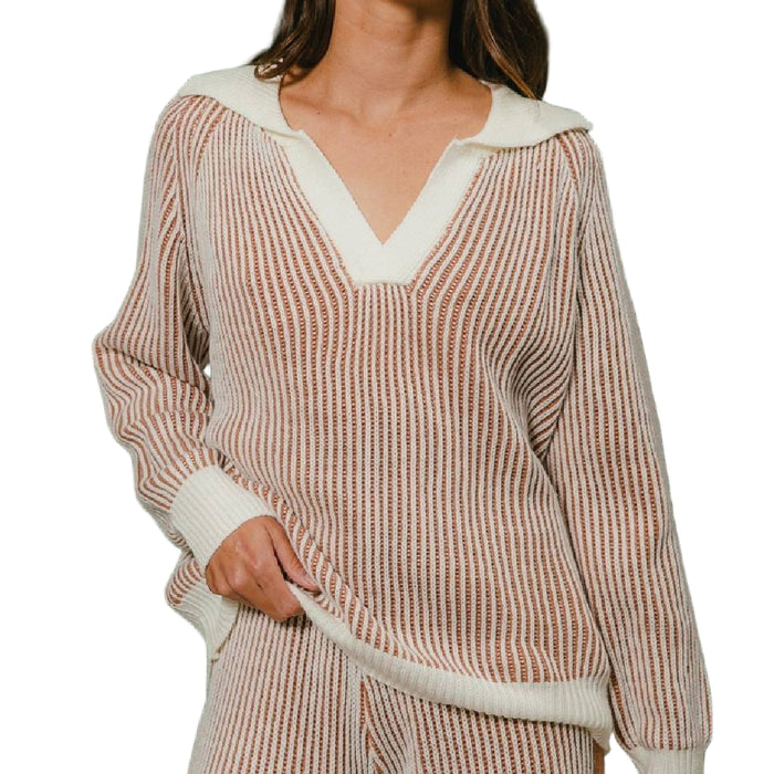 Two Tone Rib Texture Collared Sweater