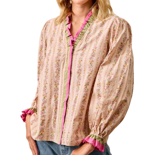 Floral Striped Print Ruffle Detail Top WOMEN - Clothing - Tops - Long Sleeved BiBi Clothing