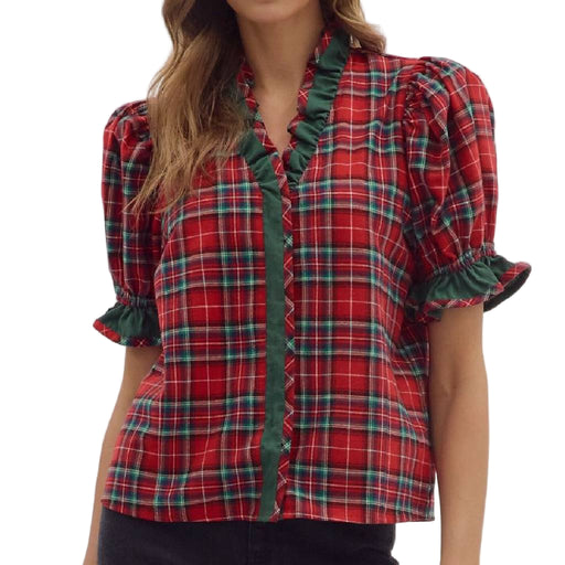Ruffle Plaid Top Red/Multi WOMEN - Clothing - Tops - Short Sleeved Entro