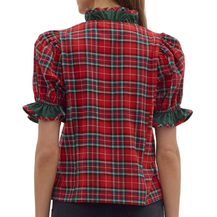 Ruffle Plaid Top Red/Multi WOMEN - Clothing - Tops - Short Sleeved Entro