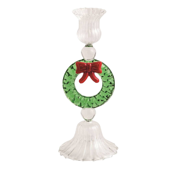 Mud Pie Christmas Wreath Glass Taper Holder