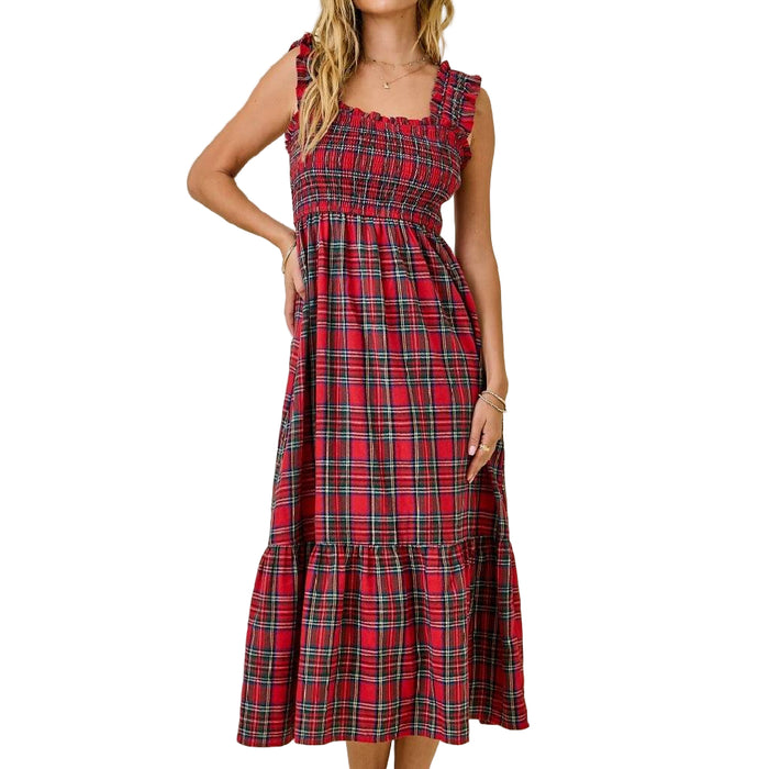 Smocked Bodice Plaid Midi Dress