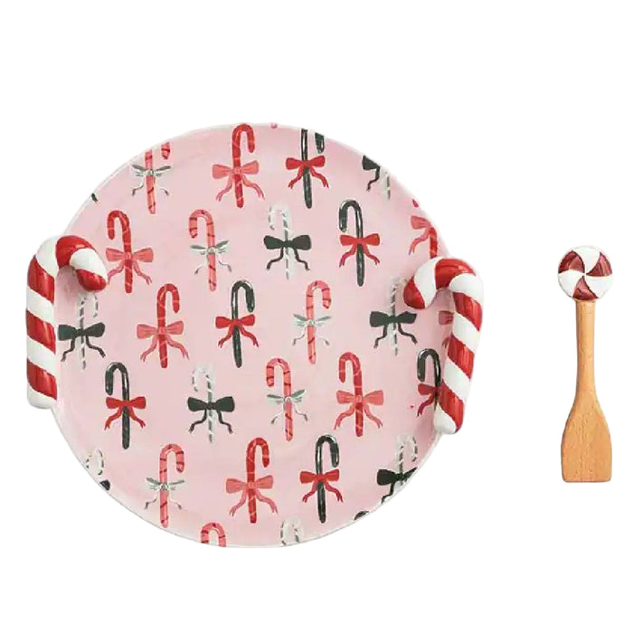 Mud Pie Christmas Candy Handle Cookie Plate & Wood Spatula