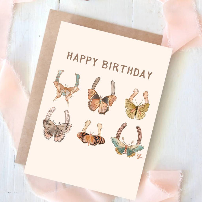 Happy Birthday Moth Butterfly Horseshoe Card