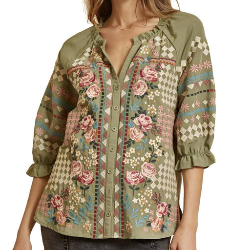 Floral Embroidered Ruffle Neck Shirt WOMEN - Clothing - Tops - Long Sleeved Andree By Unit Fashion