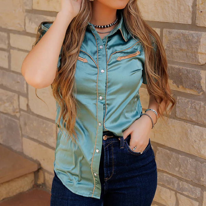 Howdy Hanny Arrow Pearl Snap Shirt - Aqua WOMEN - Clothing - Tops - Short Sleeved Howdy Hanny