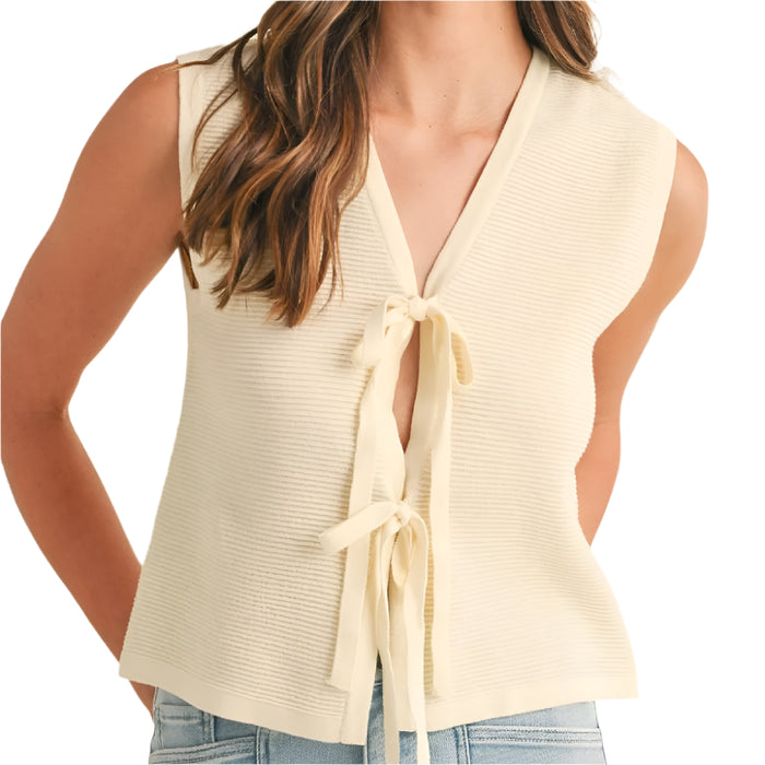 * Front Bow Detail Textured Sweater Vest - Ivory - FINAL SALE WOMEN - Clothing - Tops - Sleeveless Anniewear