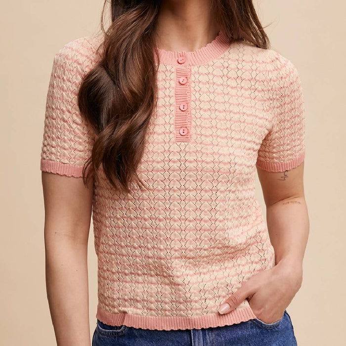 * Striped Lace Knit Sweater - Peach - FINAL SALE WOMEN - Clothing - Tops - Short Sleeved Listicle