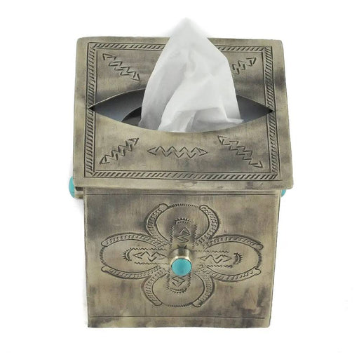 J. Alexander Hand Stamped Tissue Box Cover With Turquoise HOME & GIFTS - Home Decor - Decorative Accents J. Alexander Rustic Silver