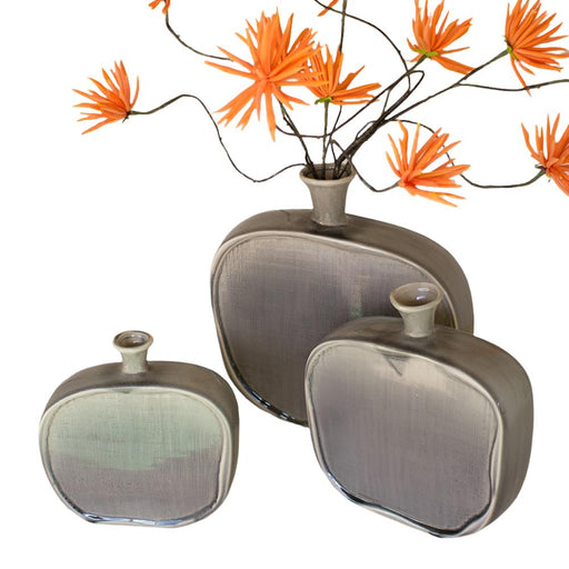 Ceramic Flat Bottles with Texture Grey Finish - Set of 3 - FINAL SALE HOME & GIFTS - Home Decor - Decorative Accents Kalalou