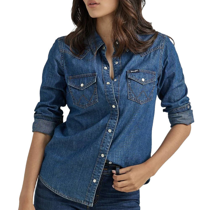 Wrangler Women's Dark Denim Snap Shirt WOMEN - Clothing - Tops - Long Sleeved Wrangler