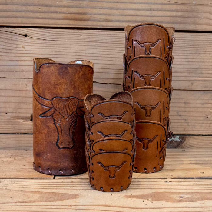 Leather Glass Cover Set with Carved Longhorn Steer Collectibles MISC