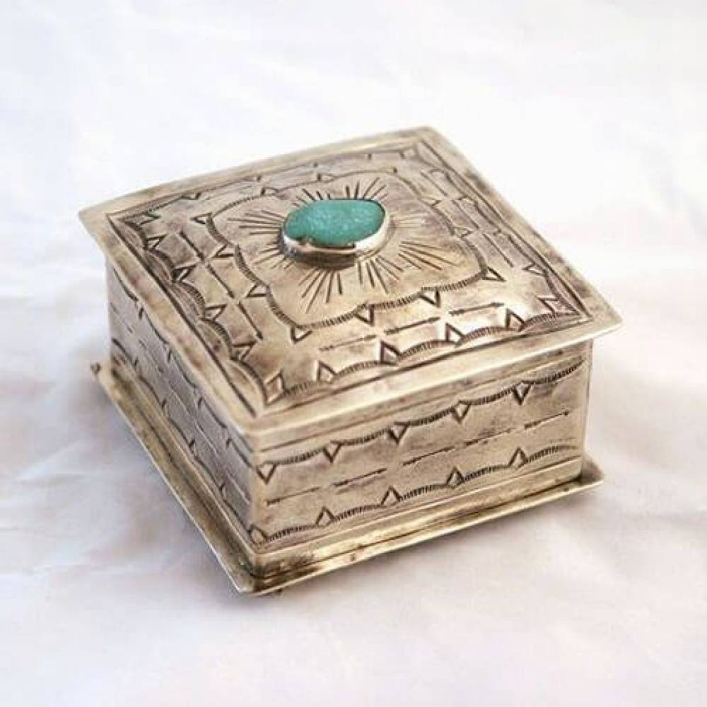 J. Alexander Small Stamped Box w/ Turquoise HOME & GIFTS - Home Decor - Decorative Accents J. ALEXANDER RUSTIC SILVER   