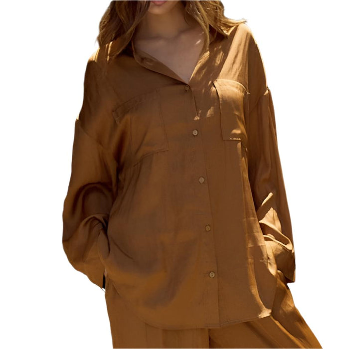 Satin Oversize Button Up Shirt WOMEN - Clothing - Tops - Long Sleeved Blue Blush Clothing