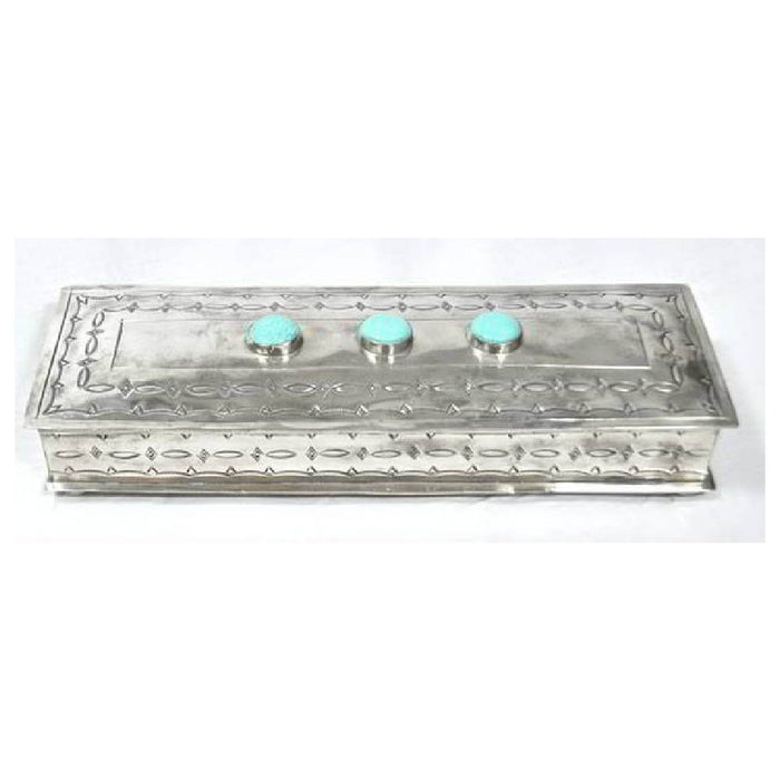 J. Alexander Long Stamped Box W/ 3 Turquoise Stones HOME & GIFTS - Home Decor - Decorative Accents J. ALEXANDER RUSTIC SILVER