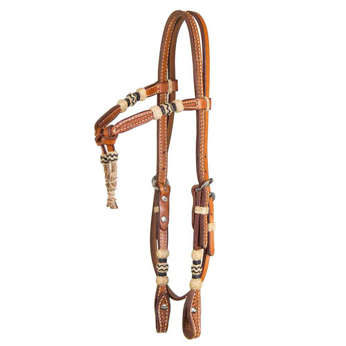 Teskey's Basket Stamped Crossover Headstall w/Horse Hair Tassels Tack - Headstalls Teskey's Light Oil