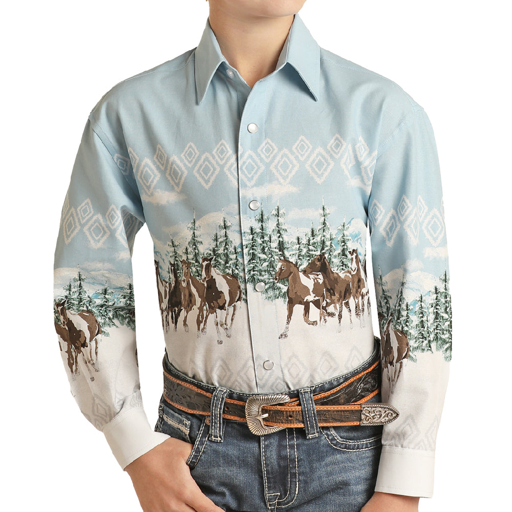Panhandle Boy's Wild Horses Shirt - Powder Blue- FINAL SALE KIDS - Boys - Clothing - Shirts - Long Sleeve Shirts Panhandle   