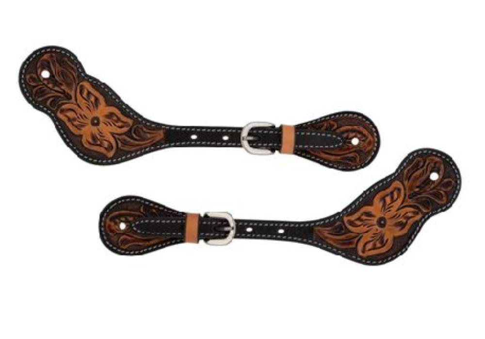 Mens Turquoise Cross Floral Tooled Spur Straps Tack - Bits, Spurs & Curbs - Spur Straps Weaver Leather   