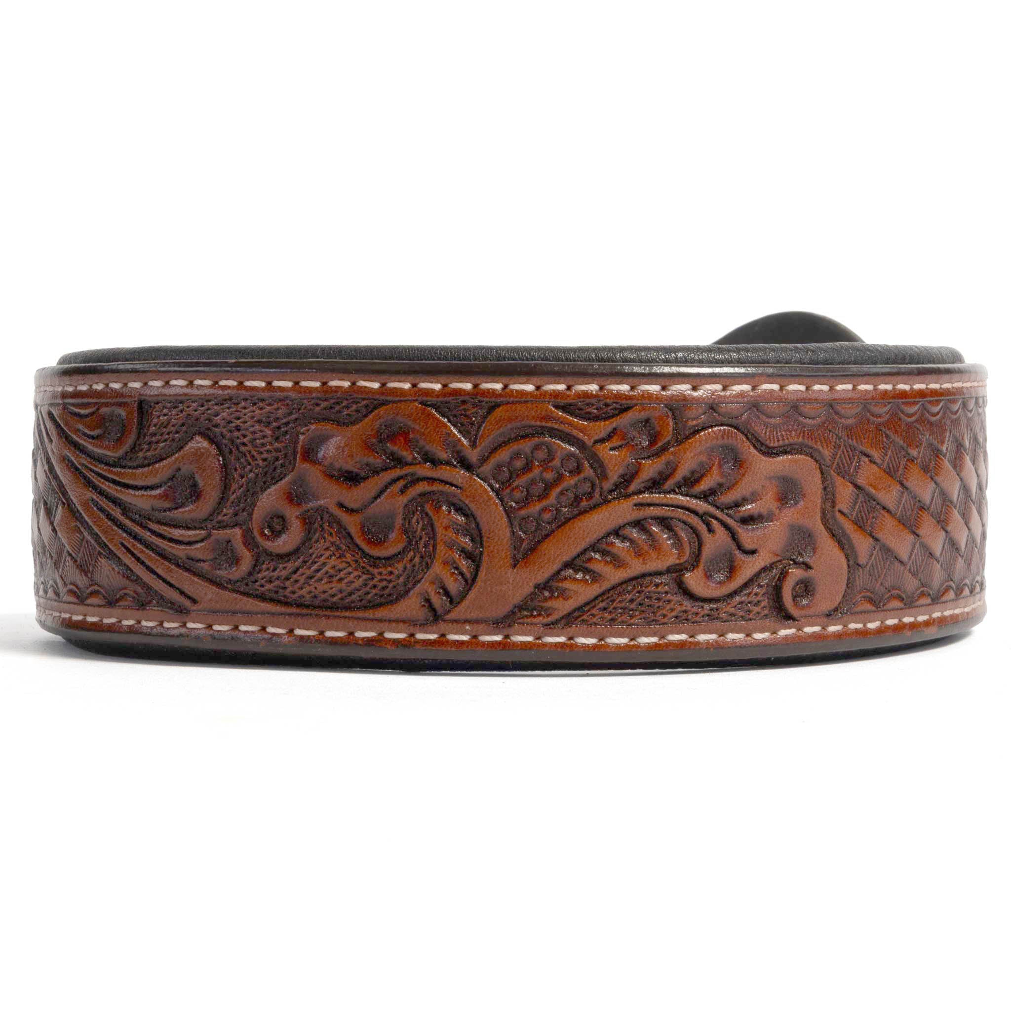 Where does the 20” mark hit on this Teskey's Basketweave & Floral Tooled Dog Collar?