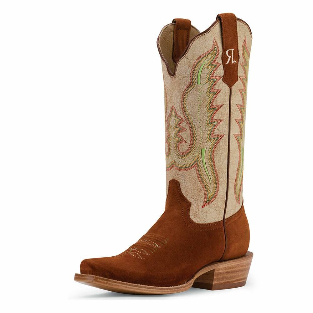 What is unique about the heel and counters of the R. Watson Women's Cognac Roughout Cowhide Boot?