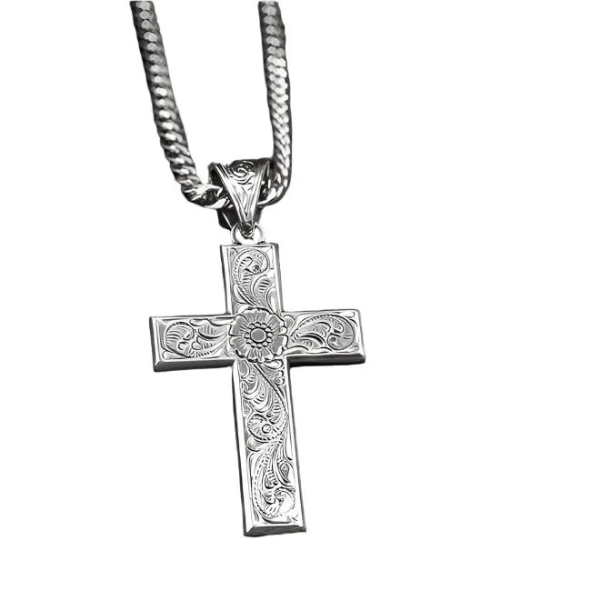How tall is the Floral Scroll Cross Necklace on this necklace?