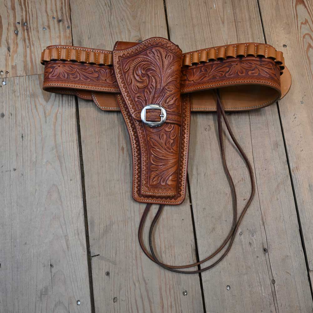 Vintage Fully Tooled Single Holster and Ammo Belt with leg strap Questions & Answers