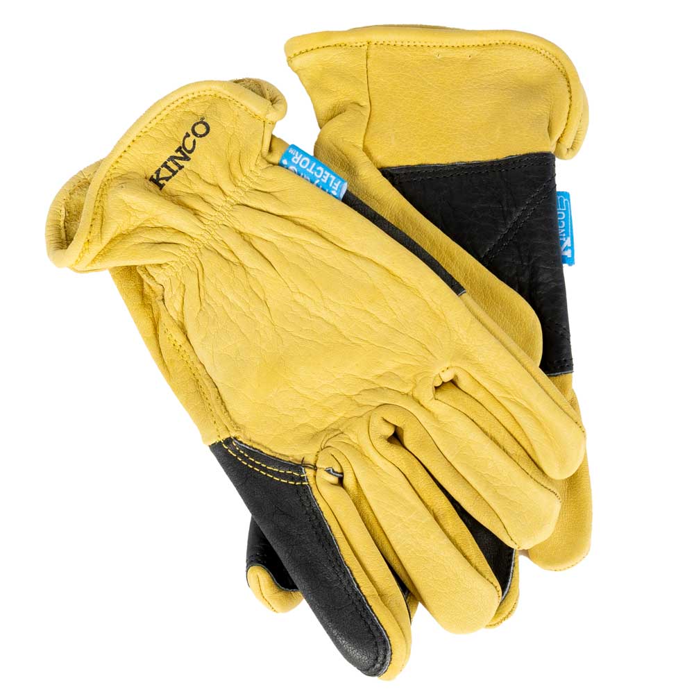 What reinforcement is present at the base of the fingers on the Kinco Water-Resistant Grain Buffalo Driver Gloves with Double-Palm?