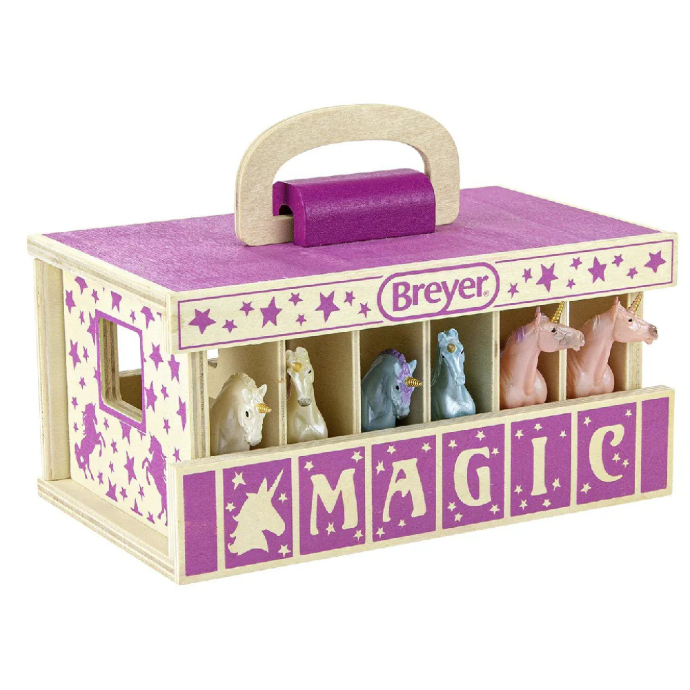 What material is the Breyer Unicorn Magic Wood Carry Stable made from?