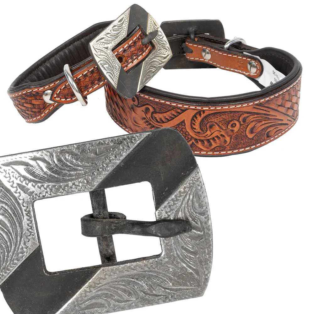 Teskey's Basketweave Tooled Dog Collar with Silver Embellished Rectangle Buckle Questions & Answers