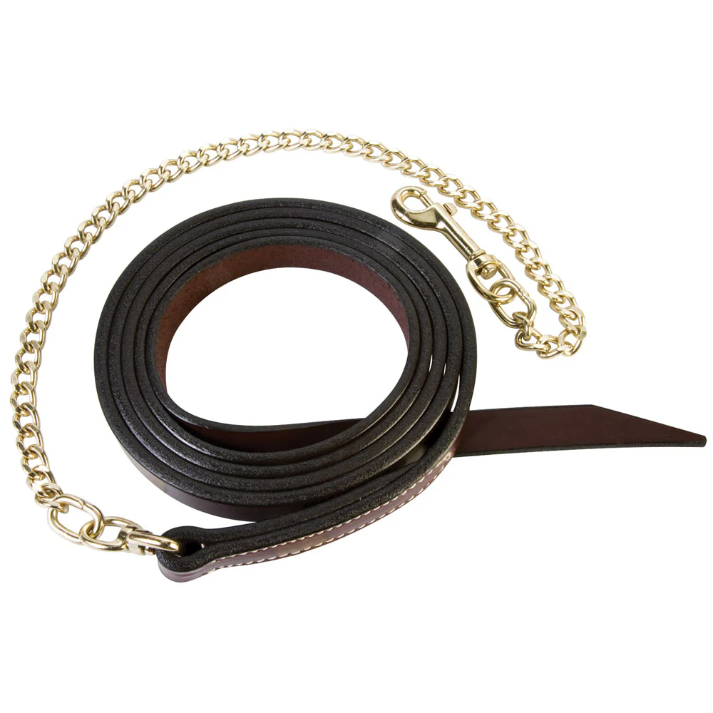 What material is used for the chain on the Weaver 1" Single-Ply Horse Lead with Brass Plated Chain?