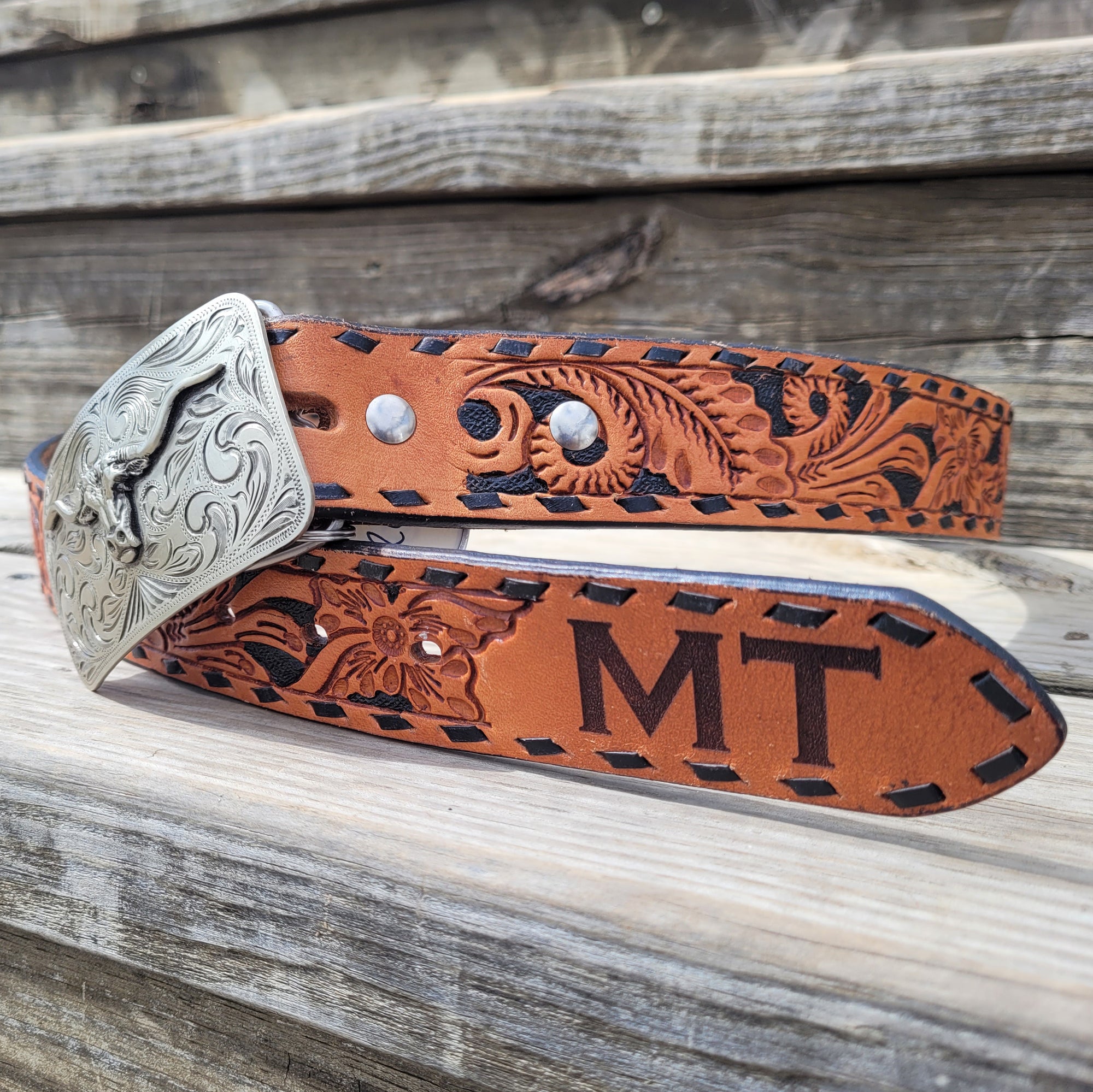 Darby Floral Tooled Buckstitch Belt with Initials MEN - Accessories - Belts & Suspenders Beddo Mountain Leather Goods   
