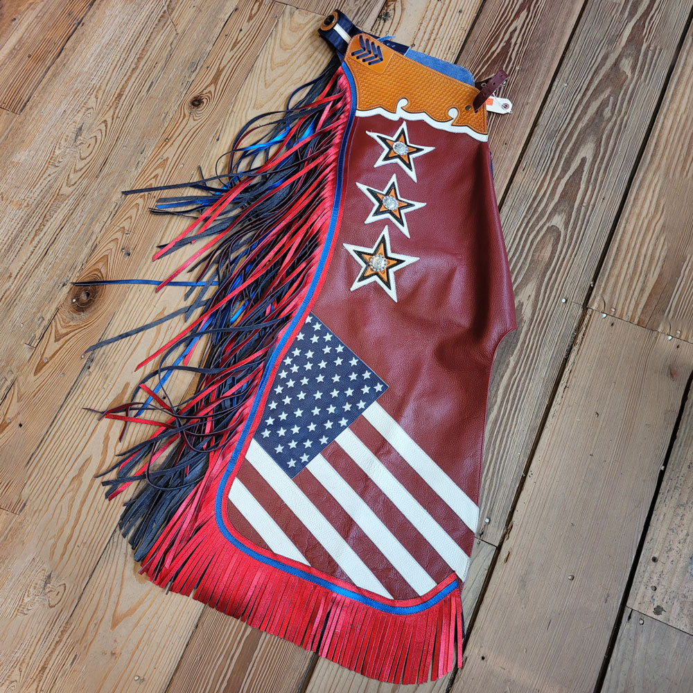 Adult Red, White & Blue Rodeo Chaps with Fringe Tack - Chaps & Chinks Jerry Beagley   