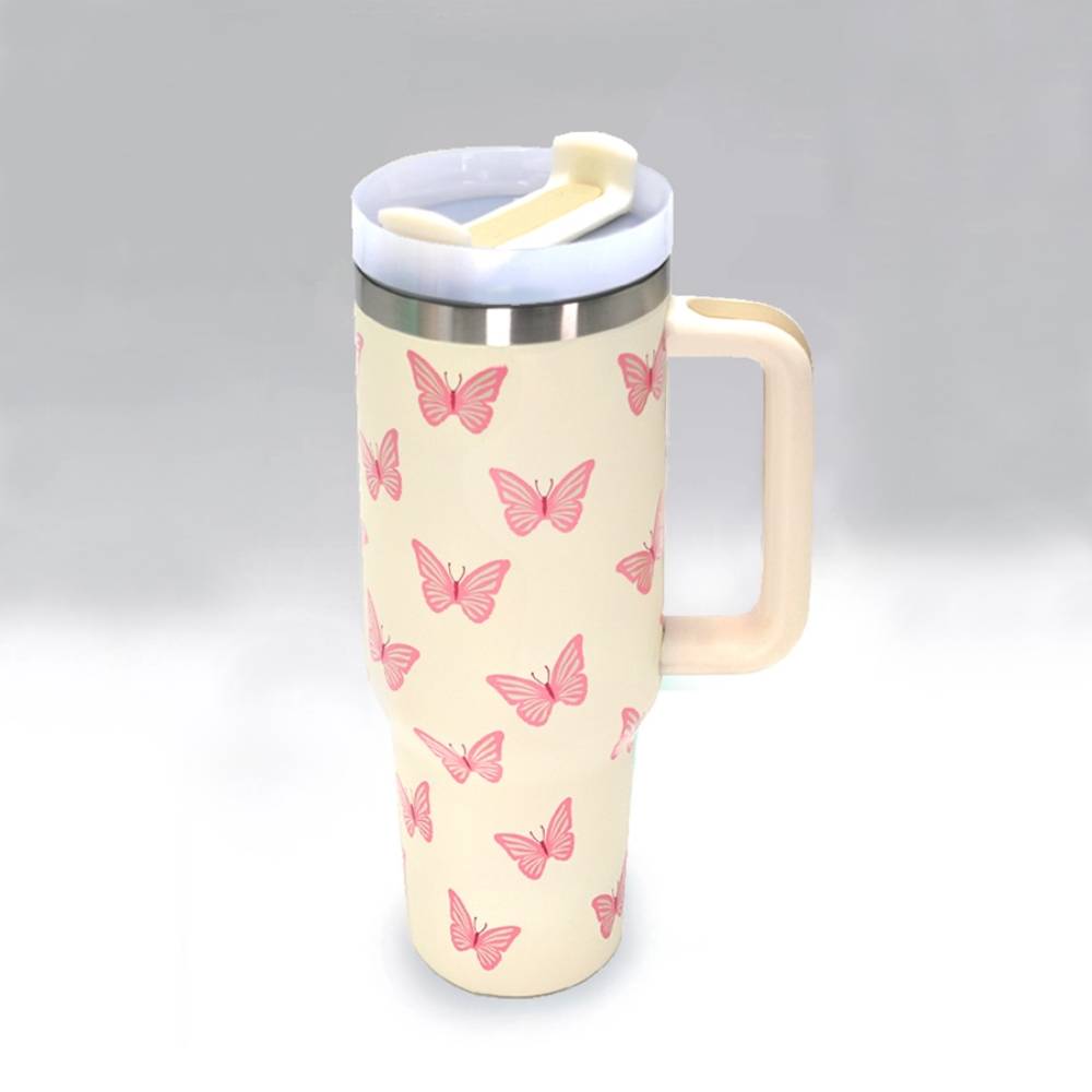 40oz Stainless Steel Tumbler - Butterfly Off White