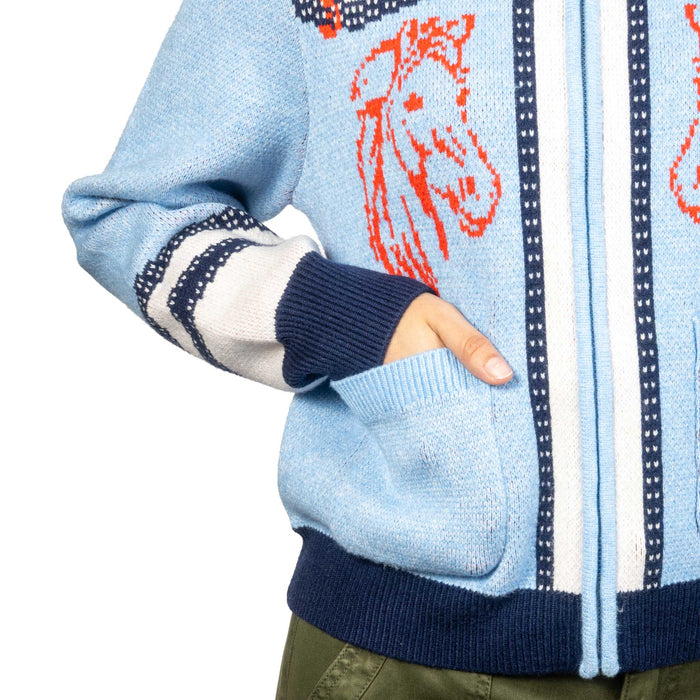Full Zip Horse Print Cardigan - Blue/Multi