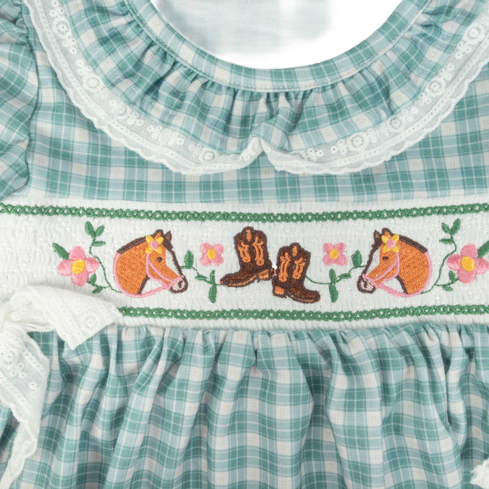 Girl's Horse Embroidered Smocked Green Plaid Dress