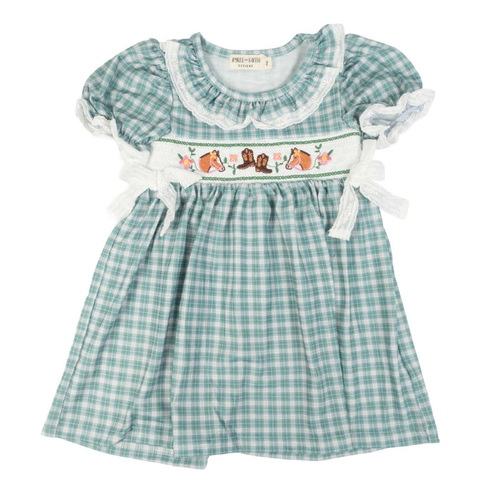Girl's Horse Embroidered Smocked Green Plaid Dress