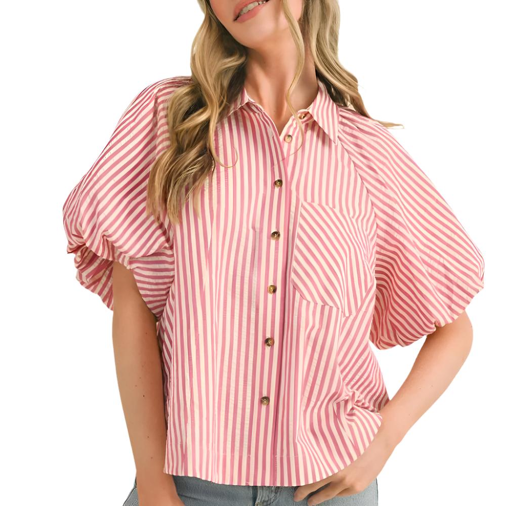 Bubble Sleeve Stripe Top WOMEN - Clothing - Tops - Short Sleeved En Merci   