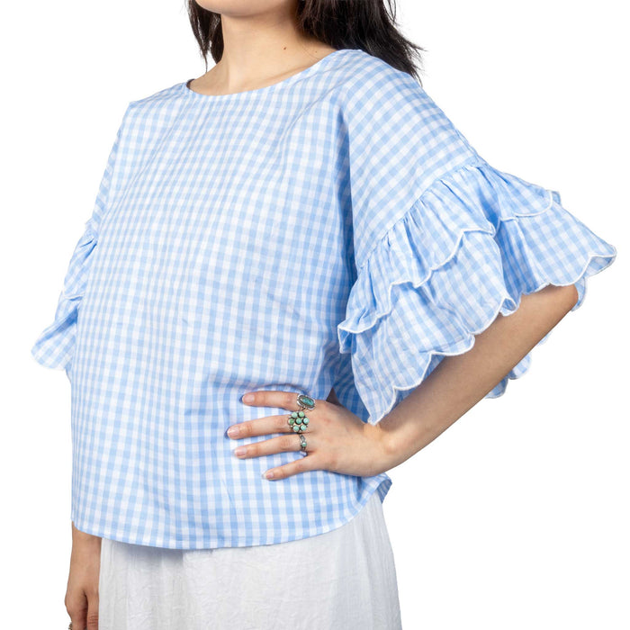 Love & Vine Women's Blue Gingham Ruffle Top WOMEN - Clothing - Tops - Short Sleeved Vine & Love