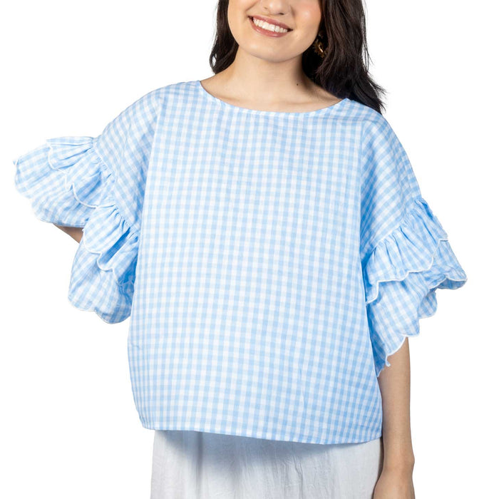 Love & Vine Women's Blue Gingham Ruffle Top WOMEN - Clothing - Tops - Short Sleeved Vine & Love
