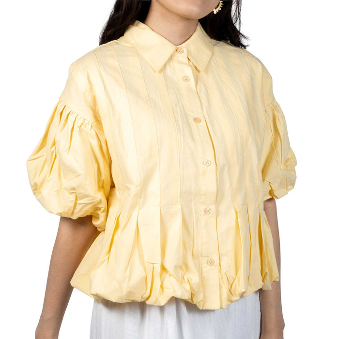 Pleated Bubble Hem Banana Cream Top WOMEN - Clothing - Tops - Short Sleeved En Merci